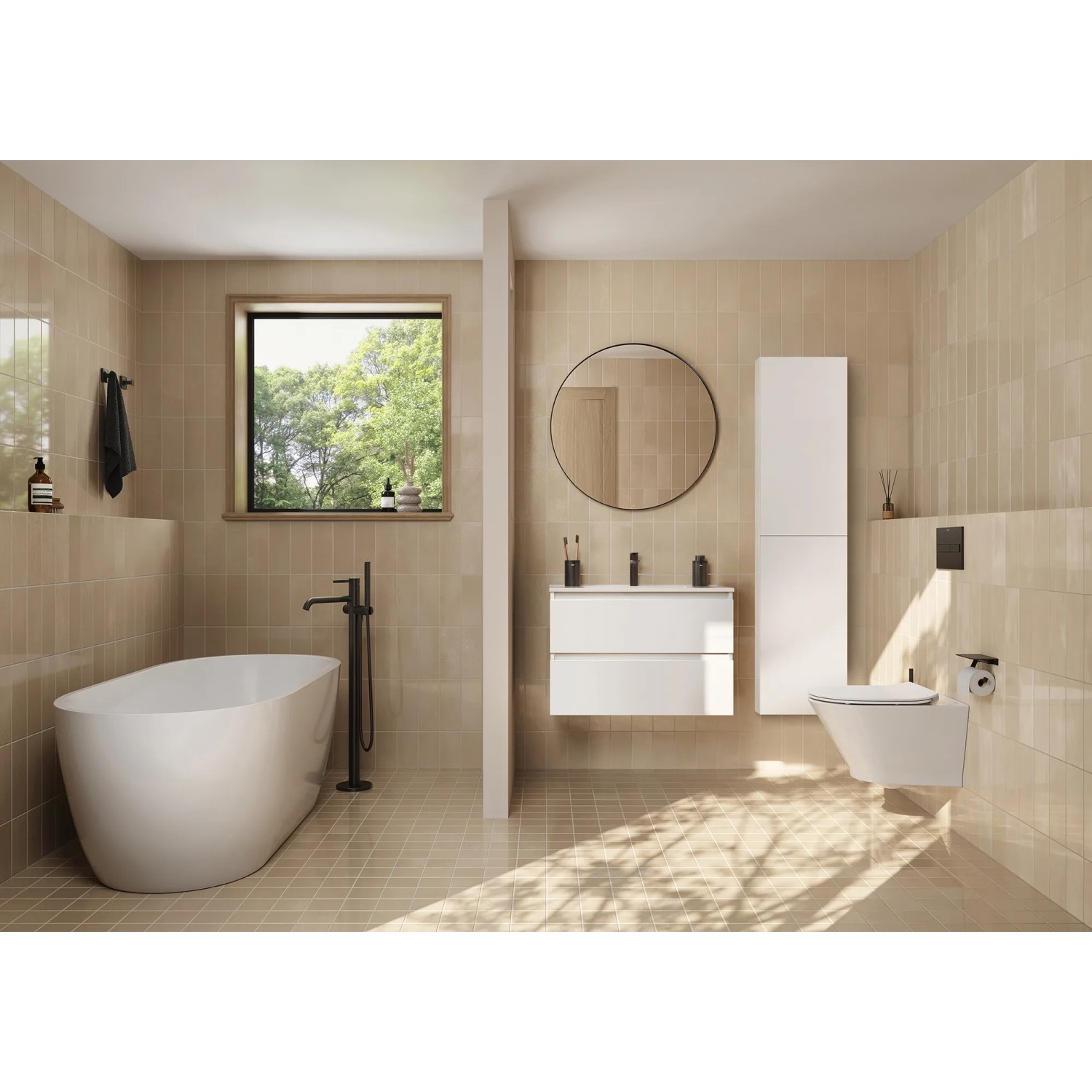 Modernes Badezimmer mit weißem Roca Waschtischunterschrank Evelyne Basic (60 cm) mit 2 Schubladen.