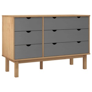 vidaXL Schubladenschrank OTTA, braun/grau, 113,5x39,5x73 cm, Massivholz Kommode mit 6 Schubladen.