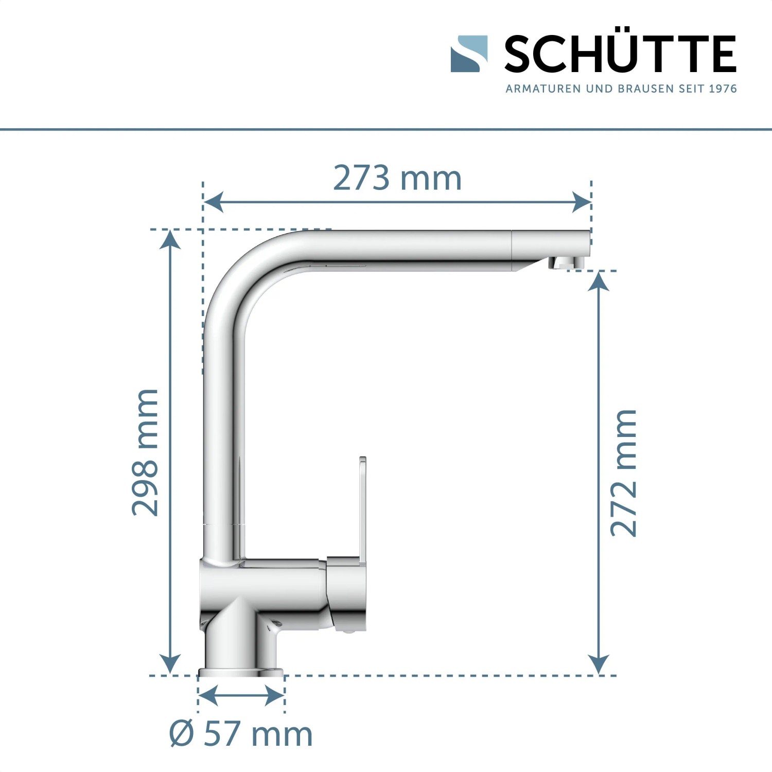Schütte Küchenarmatur Rio Chrom, Einhebelmischer mit Maßangaben.