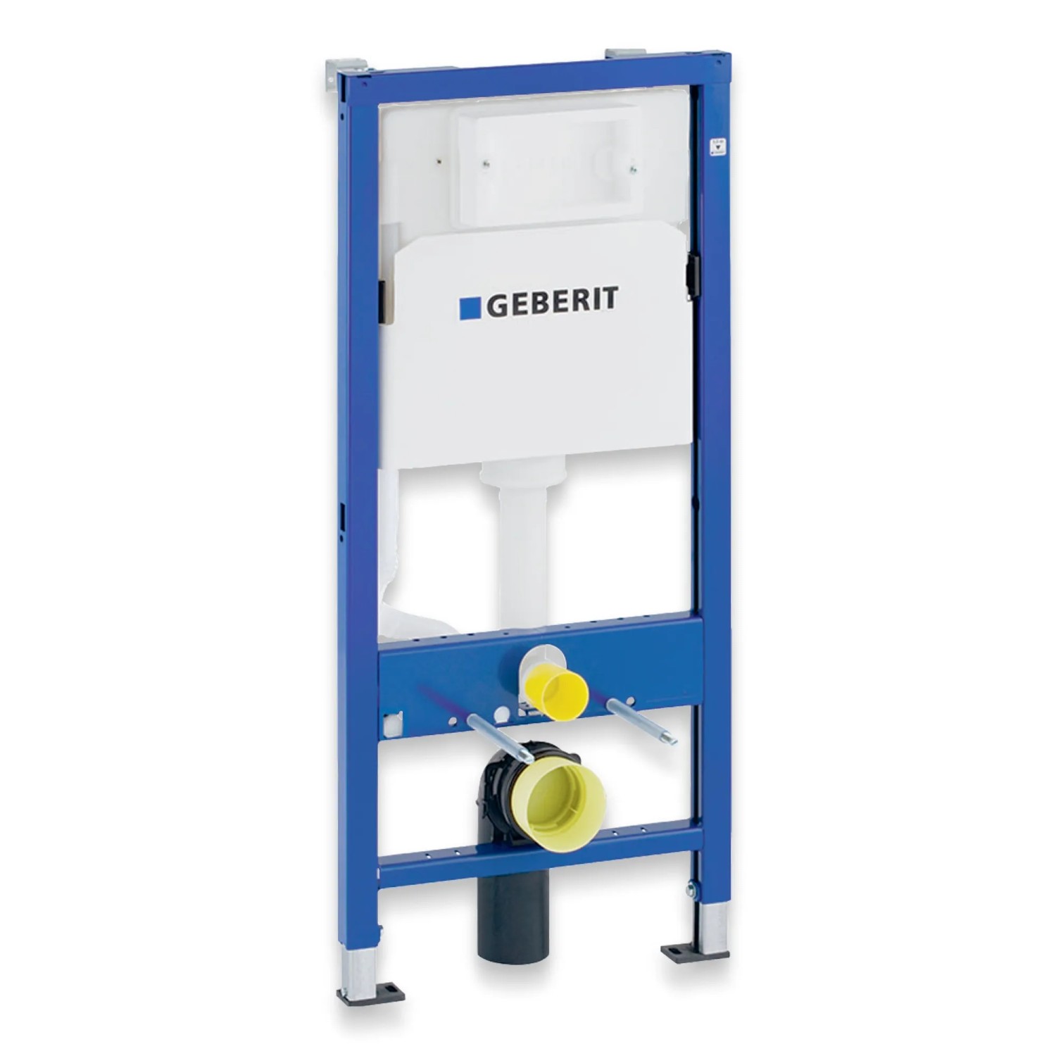 Geberit Duofix Vorwandelement für WC-Set mit blauer Halterung und weißem Spülkasten.