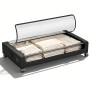 Schwarze Unterbett Aufbewahrungsbox mit Rollen, offenem transparentem Deckel und gefalteter Kleidung. Praktischer Textil Organizer.