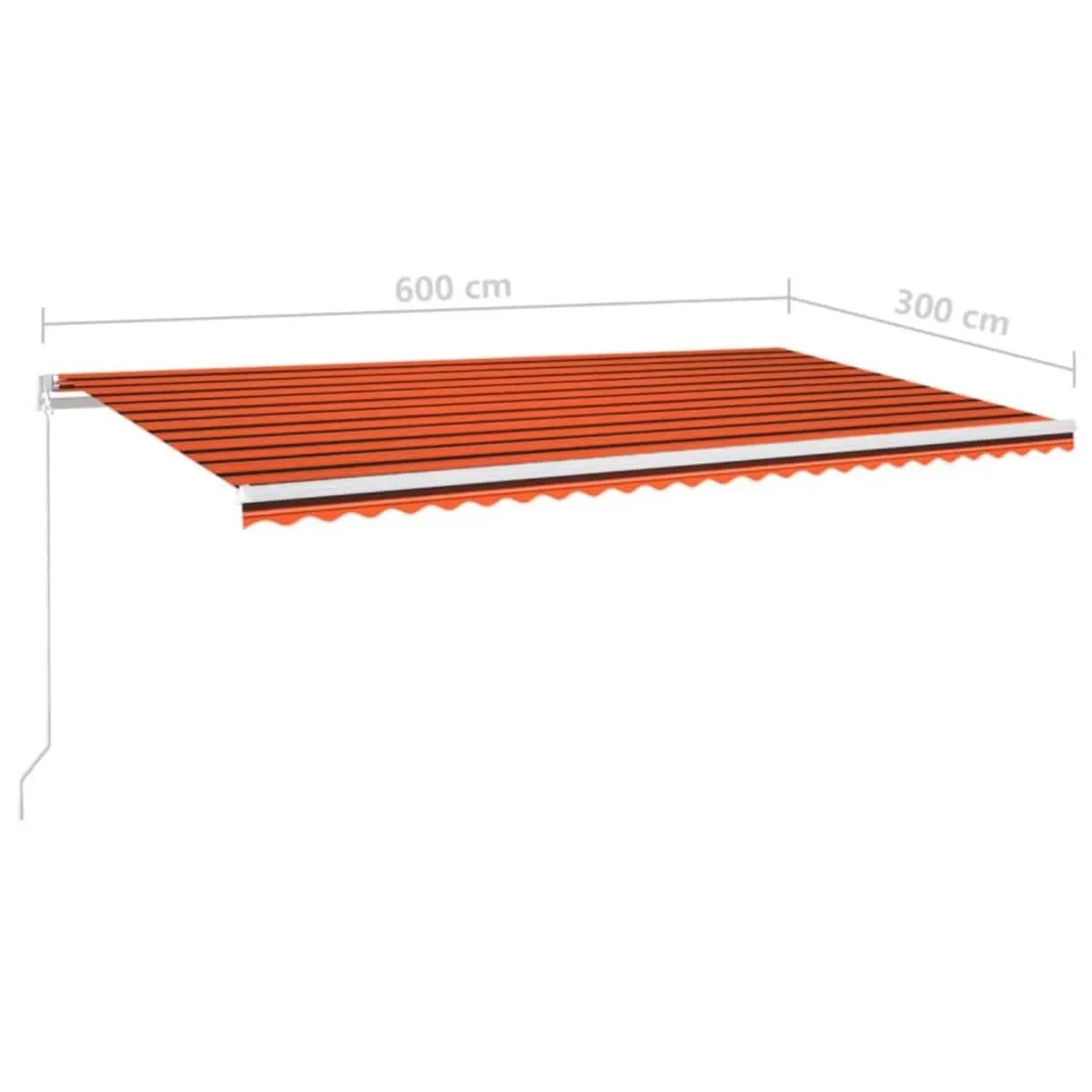 Manuell einziehbare Markise 600x300 cm in Orange-Braun gestreift mit LED und weißem Rahmen.