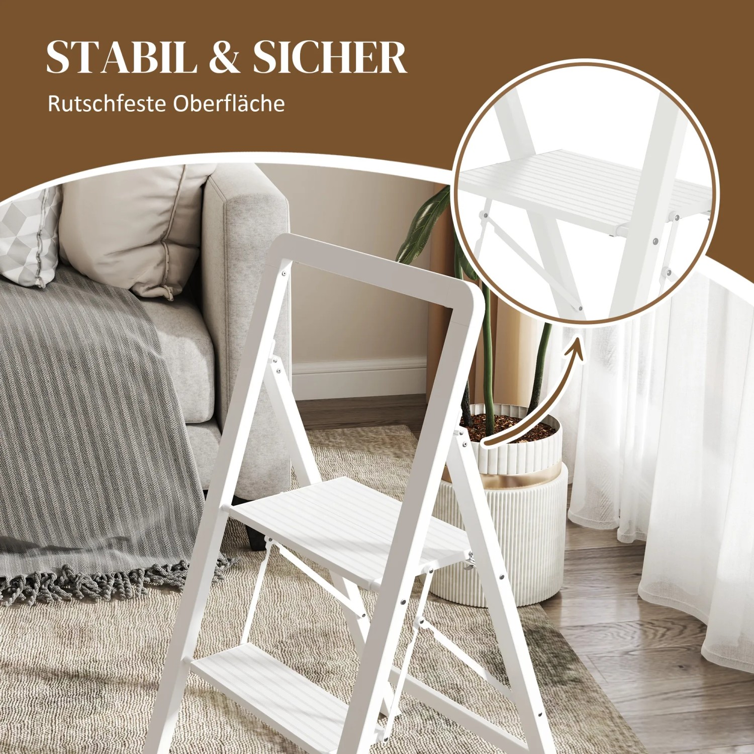 Weiße HOMCOM Trittleiter aus Aluminium mit zwei Stufen für Haushalt und Garten.