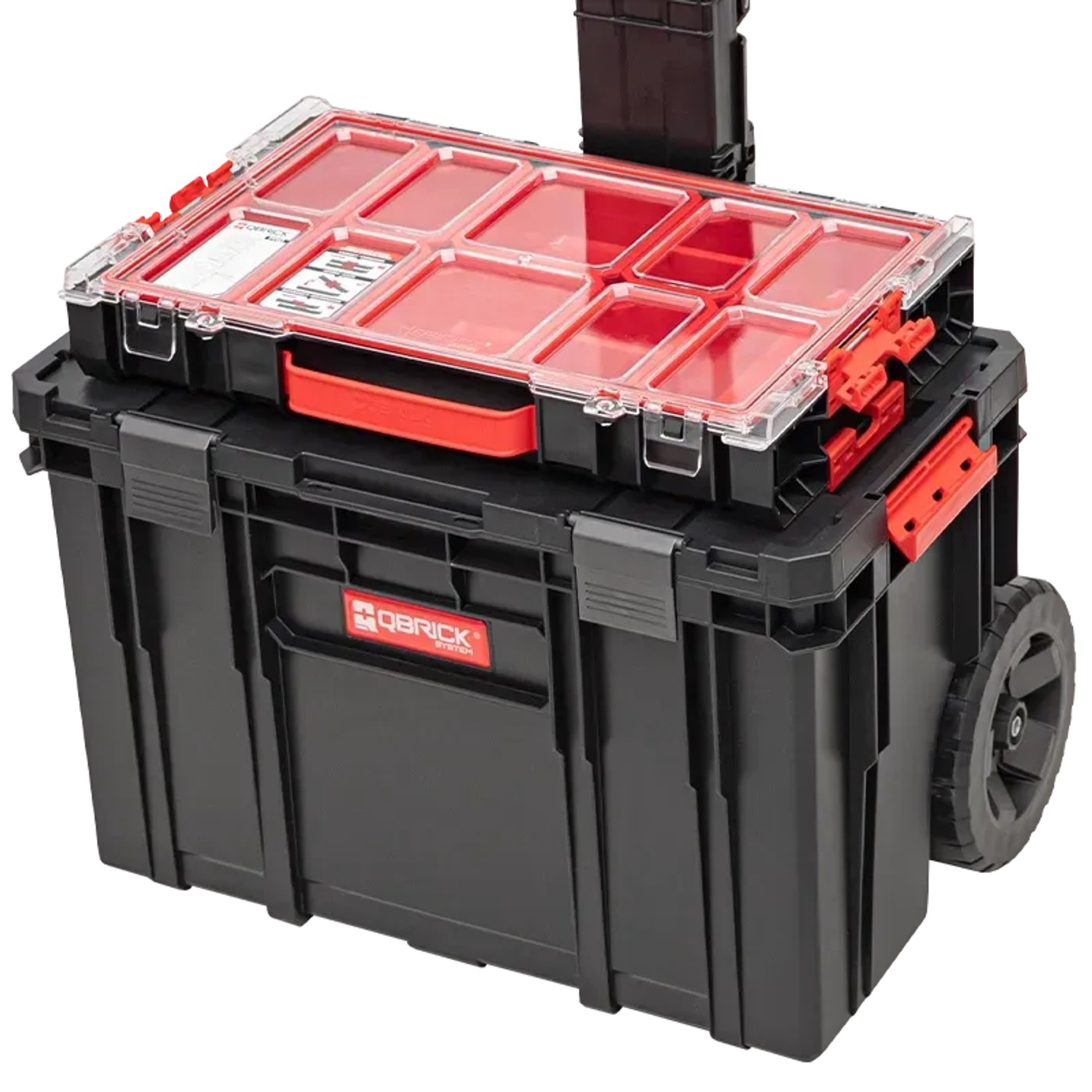 Schwarzer QBRICK Werkzeugtrolley Two mit Teleskopgriff und Werkzeugkofferaufsatz.