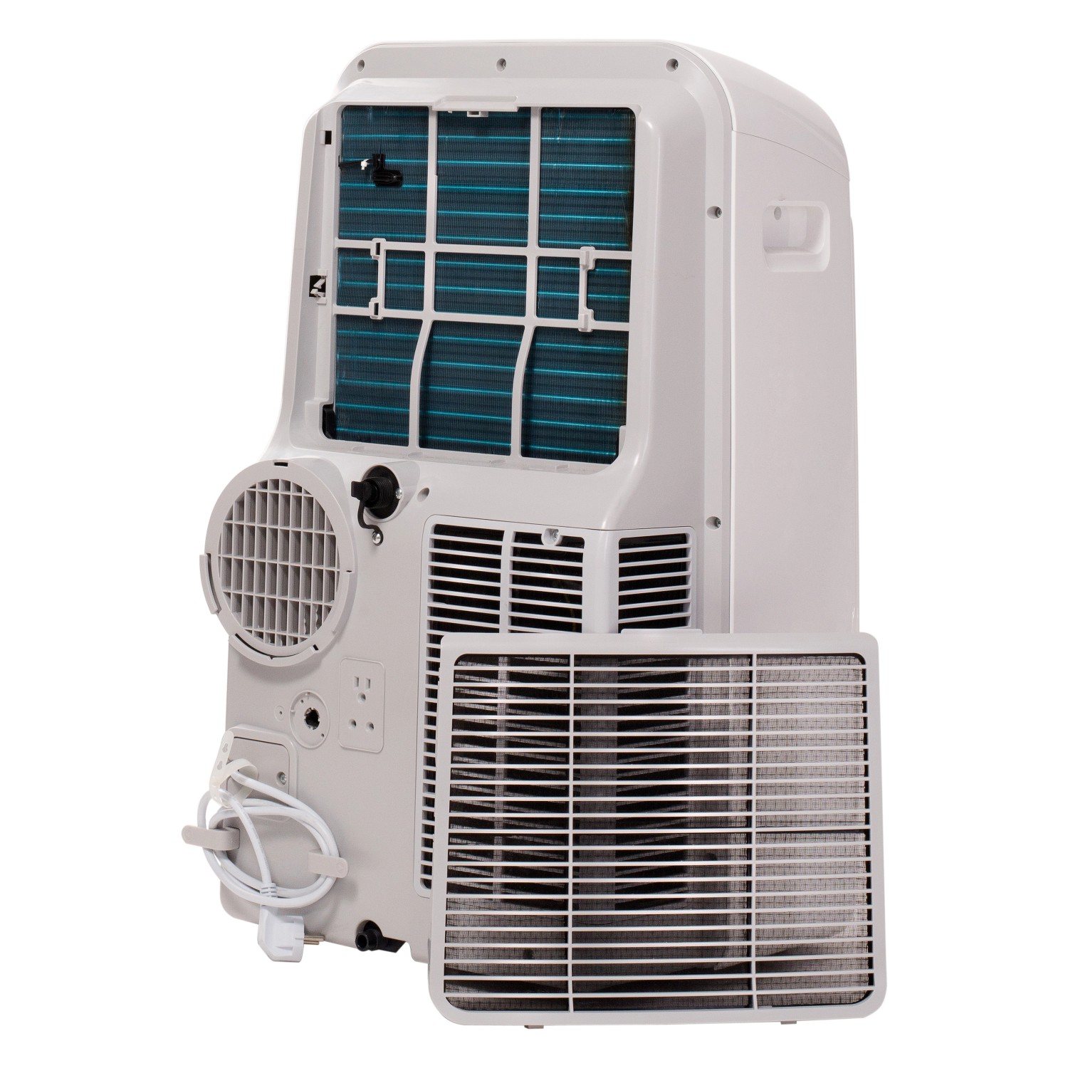 Rückansicht der mobilen Comfee Klimaanlage Pro, weiß, mit herausgenommenem Filter.