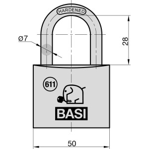 Basi Vorhangschloss VHS 611, 50mm, gleichschließend, mit 2 Schlüsseln, Messinggehäuse.