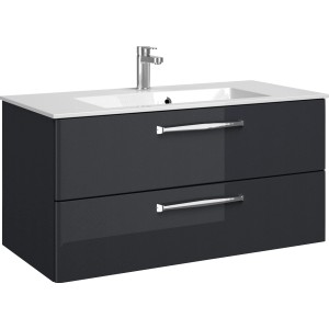 Pelipal Waschbeckenunterschrank Trentino, Anthrazit Hochglanz, 105 cm breit, mit zwei Schubladen und Aufsatzwaschbecken.