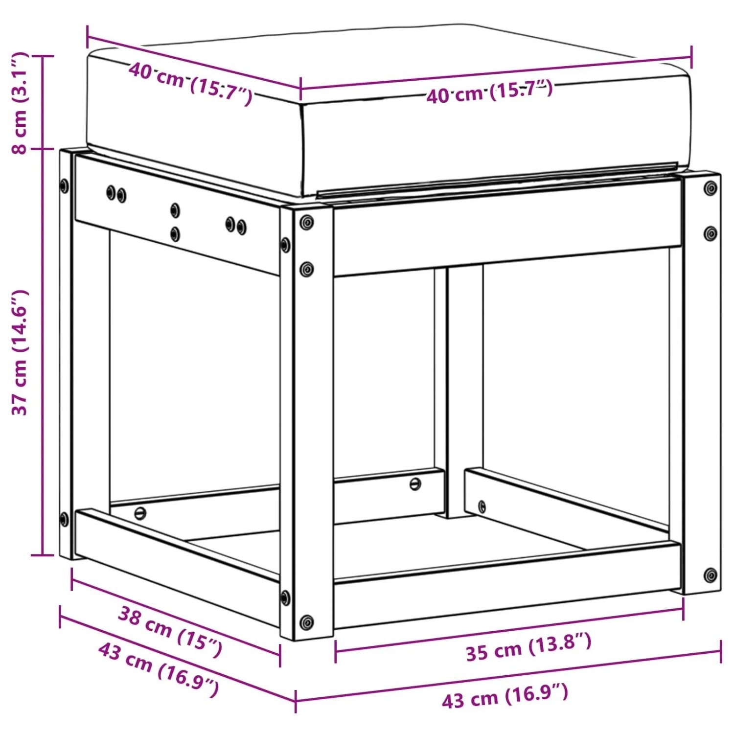 Quadratische Hocker Bank aus Akazienholz mit Kissen, Natur/Anthrazit. Maße 43x43x37 cm. Für Gartenstühle.