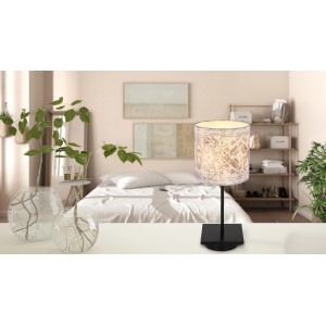 Globo Tischlampe Gabriele, schwarz matt, mit gemustertem Textilschirm, 150x350 mm.