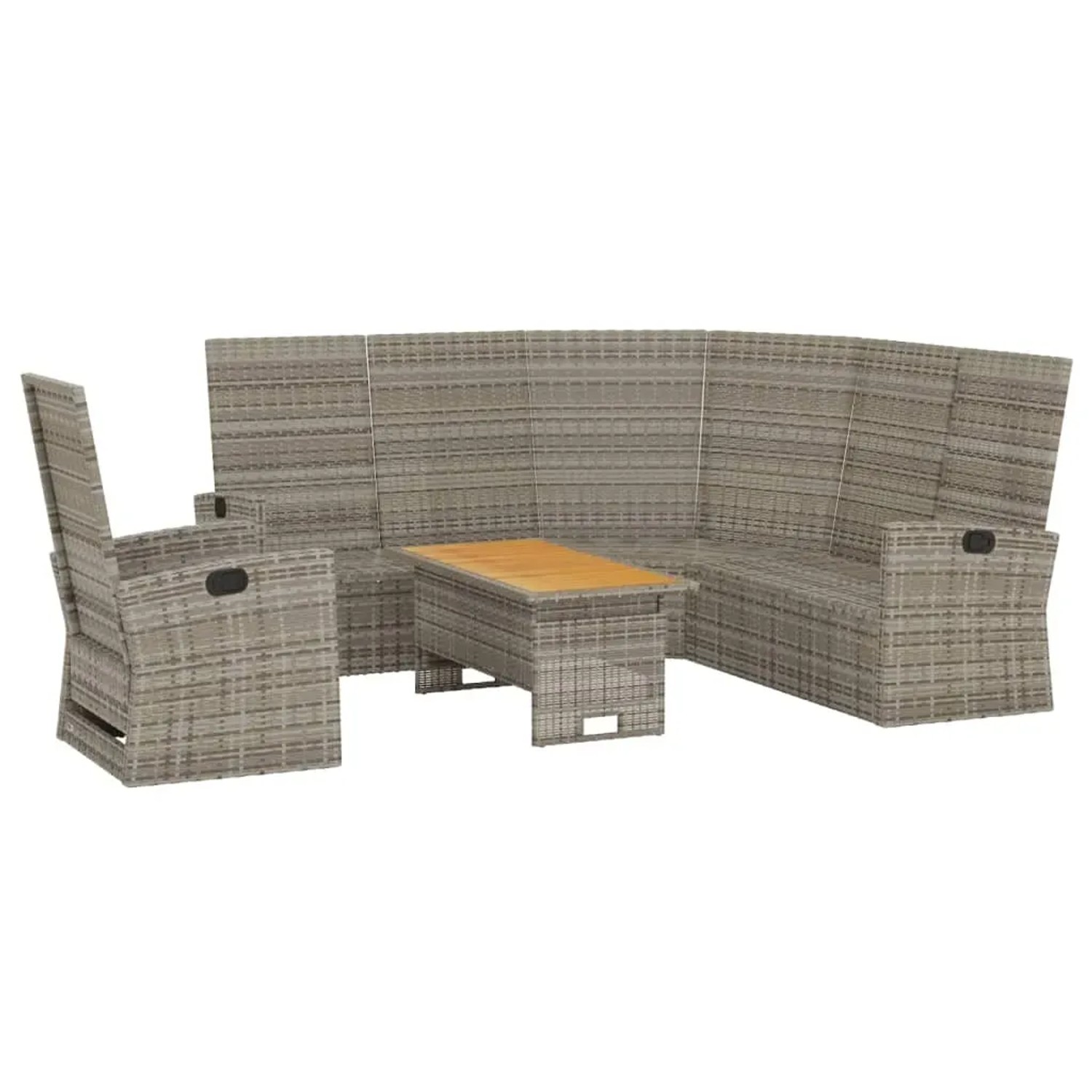 Graues 3-tlg. Garten Lounge Set aus Polyrattan mit Tisch und verstellbarer Rückenlehne.