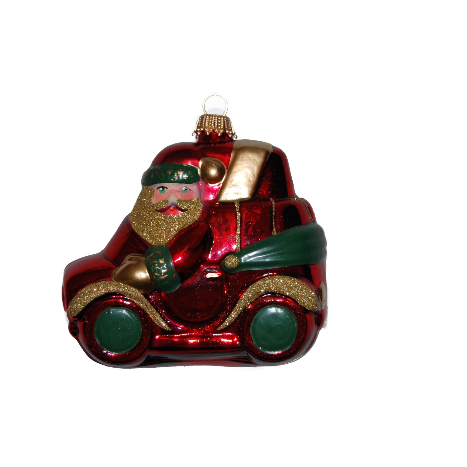 Krebs Glas Lauscha Baumschmuck Weihnachtsmann im Auto Rot 8cm