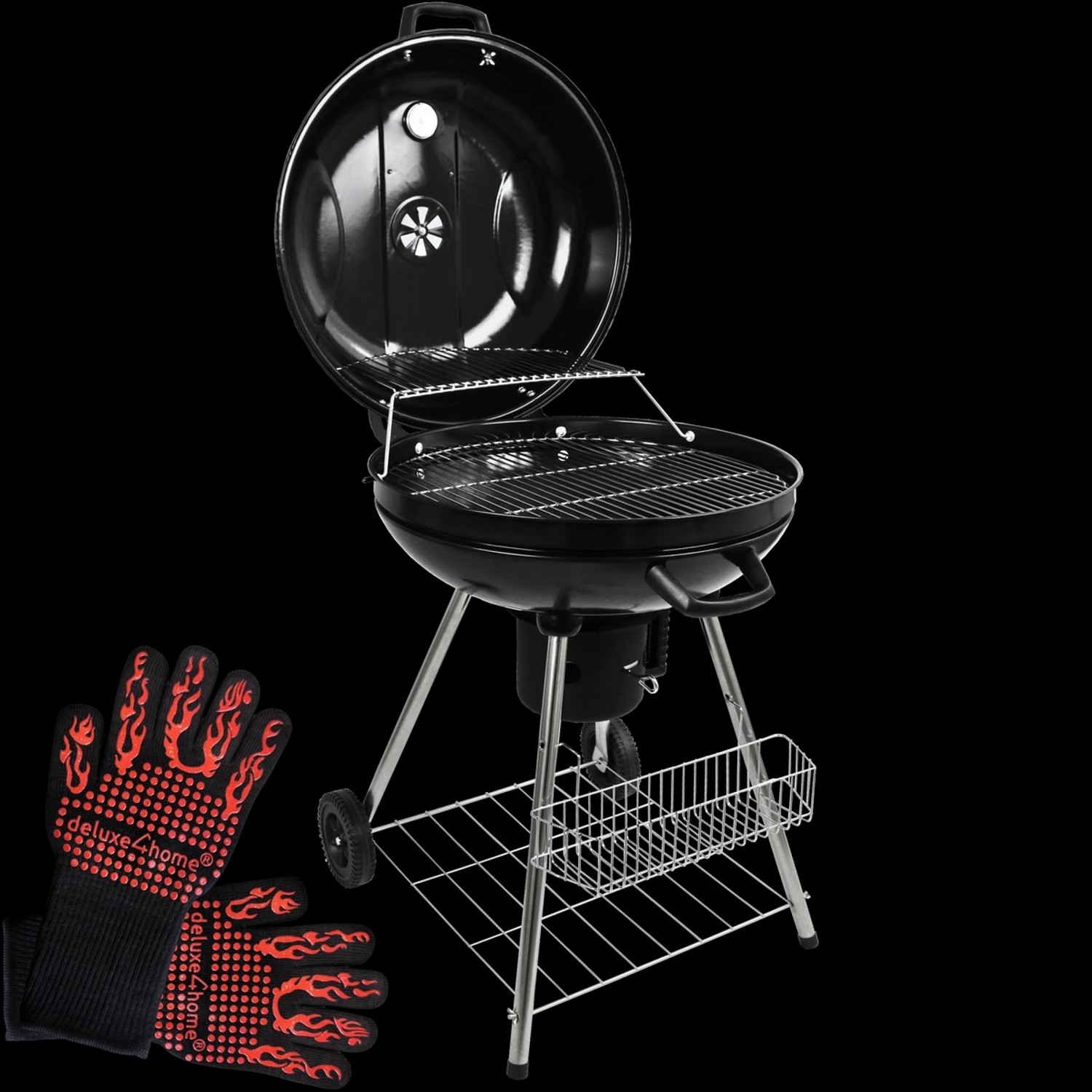 deluxe4home BBQ Kugelgrill mit Ablage und Handschuhen