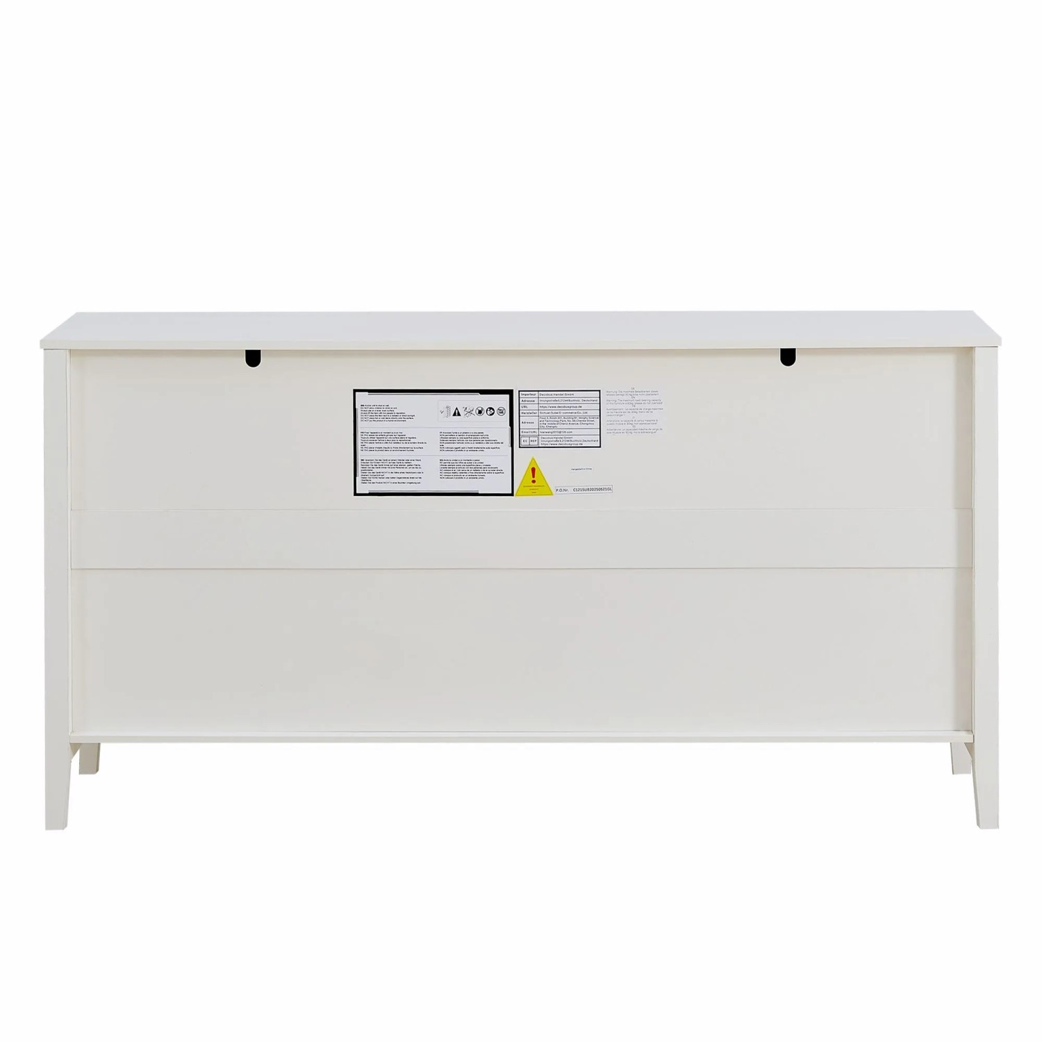 Rückansicht des weißen Merax Sideboards. Glatte Rückwand mit Produktetiketten. Perfekt als Wohnzimmerschrank.