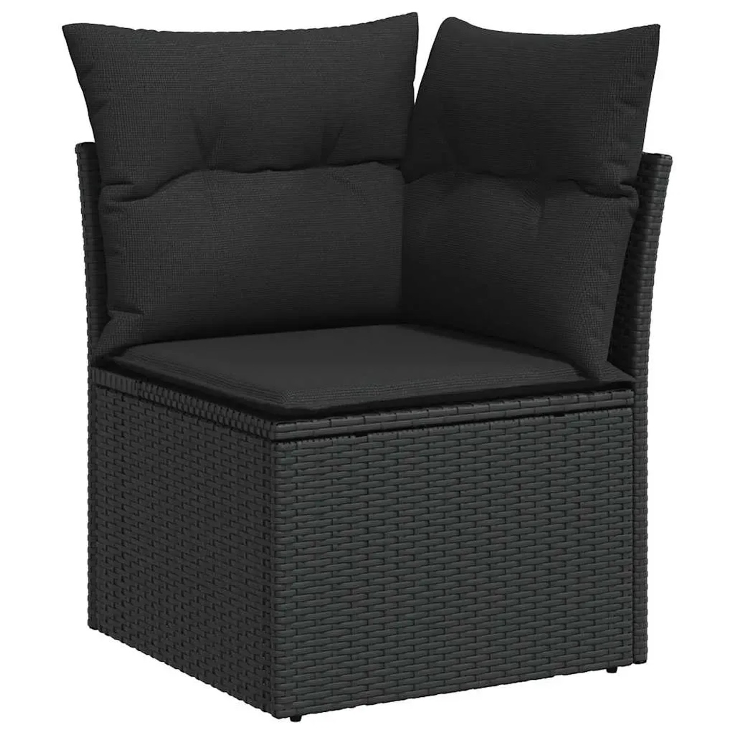 Schwarzes Ecksofa aus Rattan mit Kissen, Teil der vidaXL Garten-Sofagarnitur.