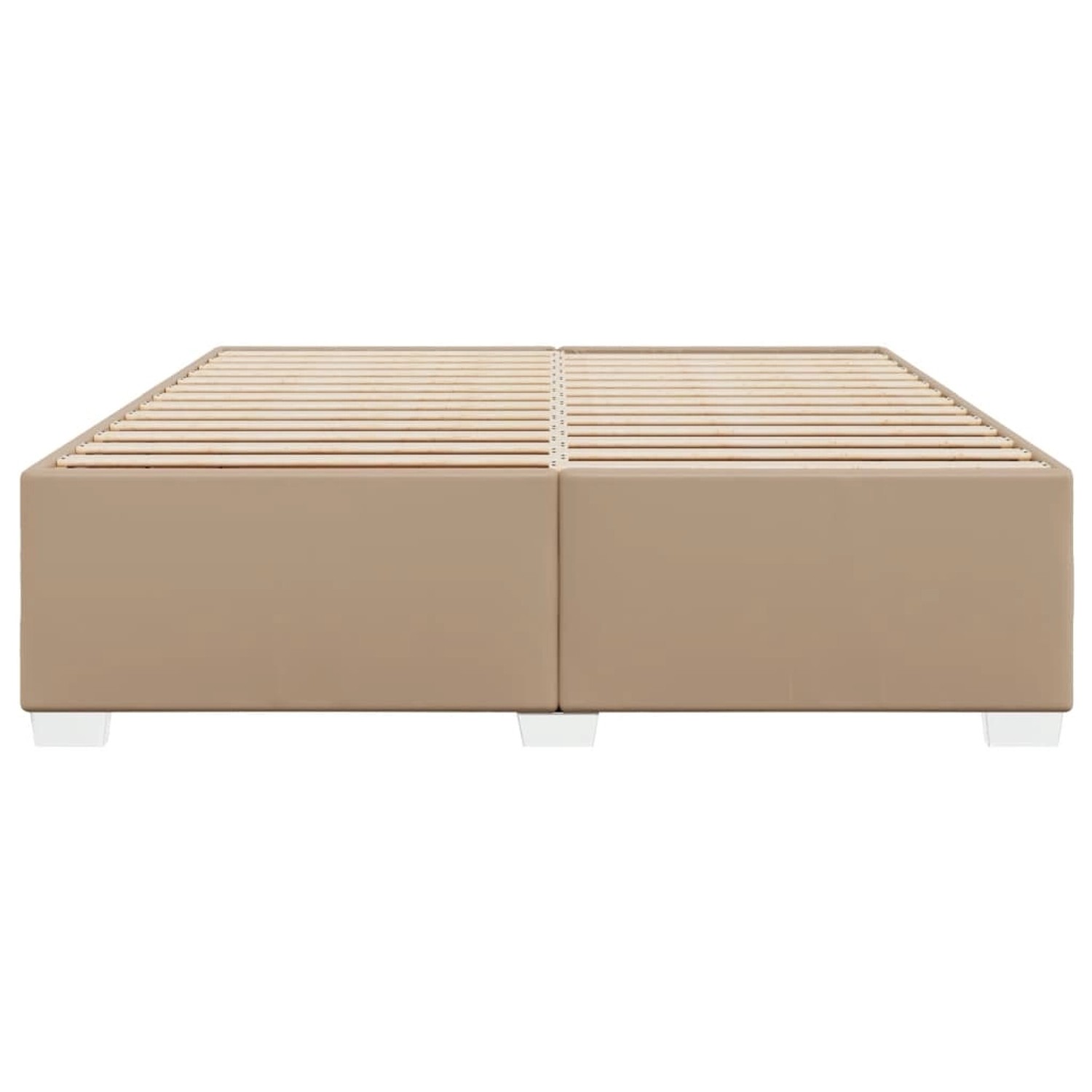 Bettgestell in Cappuccino-Braun (180x200 cm) aus Kunstleder mit Lattenrost und weißen Füßen.