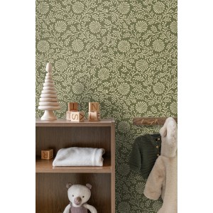 ESTAhome Vliestapete mit olivgrünem Hintergrund und hellem, floralem Blumenmuster. Dekorative Tapete für stilvolle Wände.