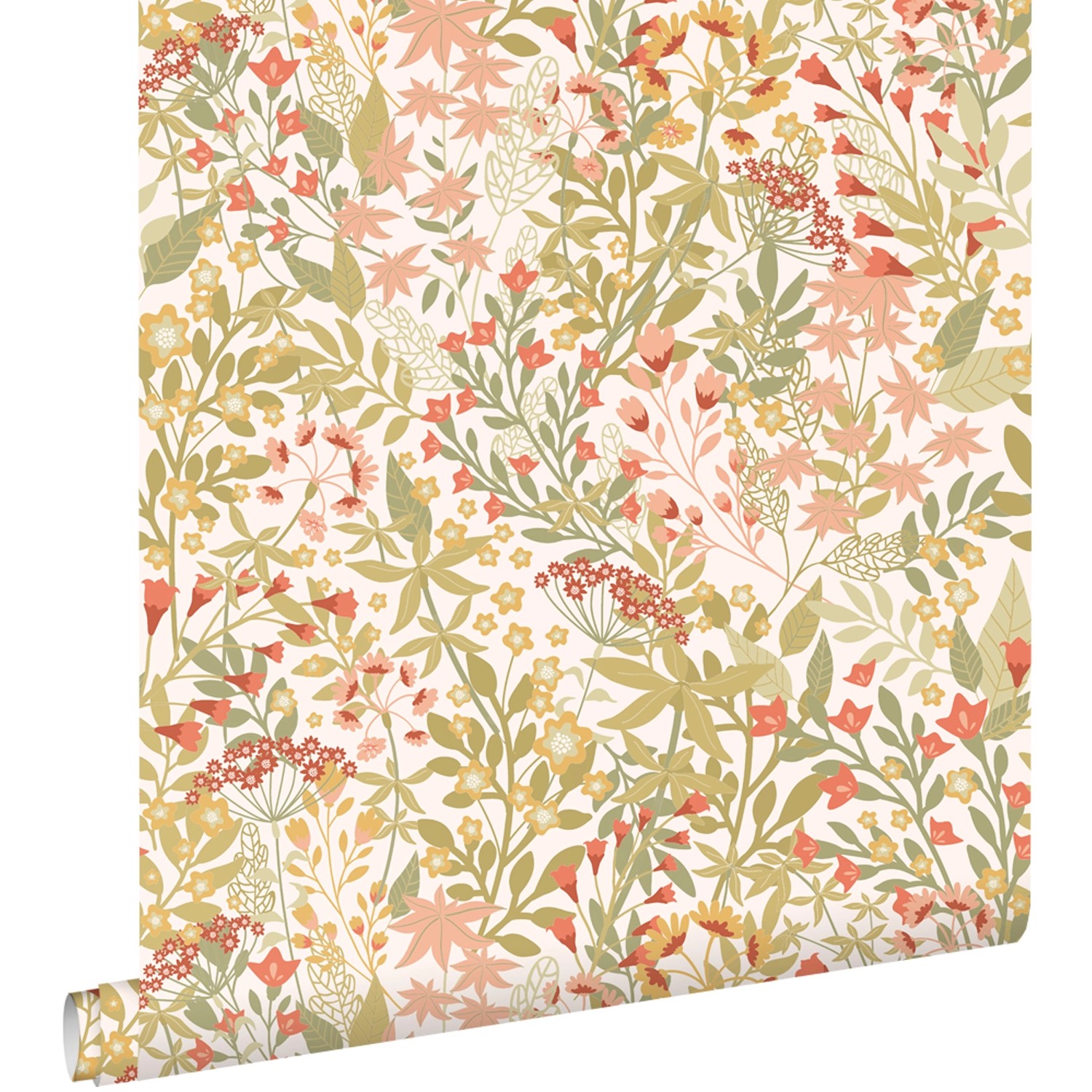 ESTAhome Tapete Feldblumen Grün Rosa und Ockergelb 50 x 900 cm günstig online kaufen
