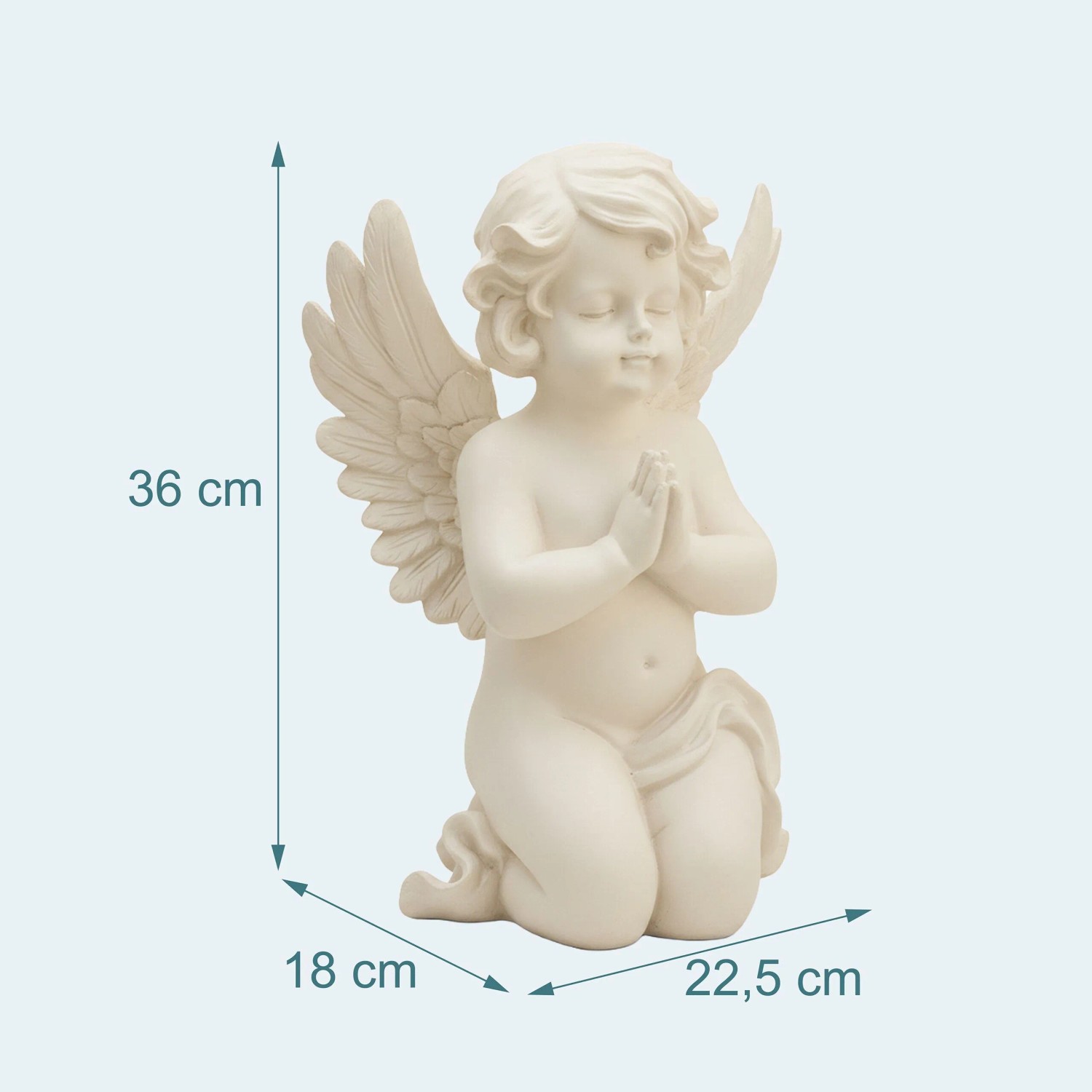 Cremefarbener Grabengel aus Polyresin, kniend mit gefalteten Händen. Frostbeständige Dekorative Figur.