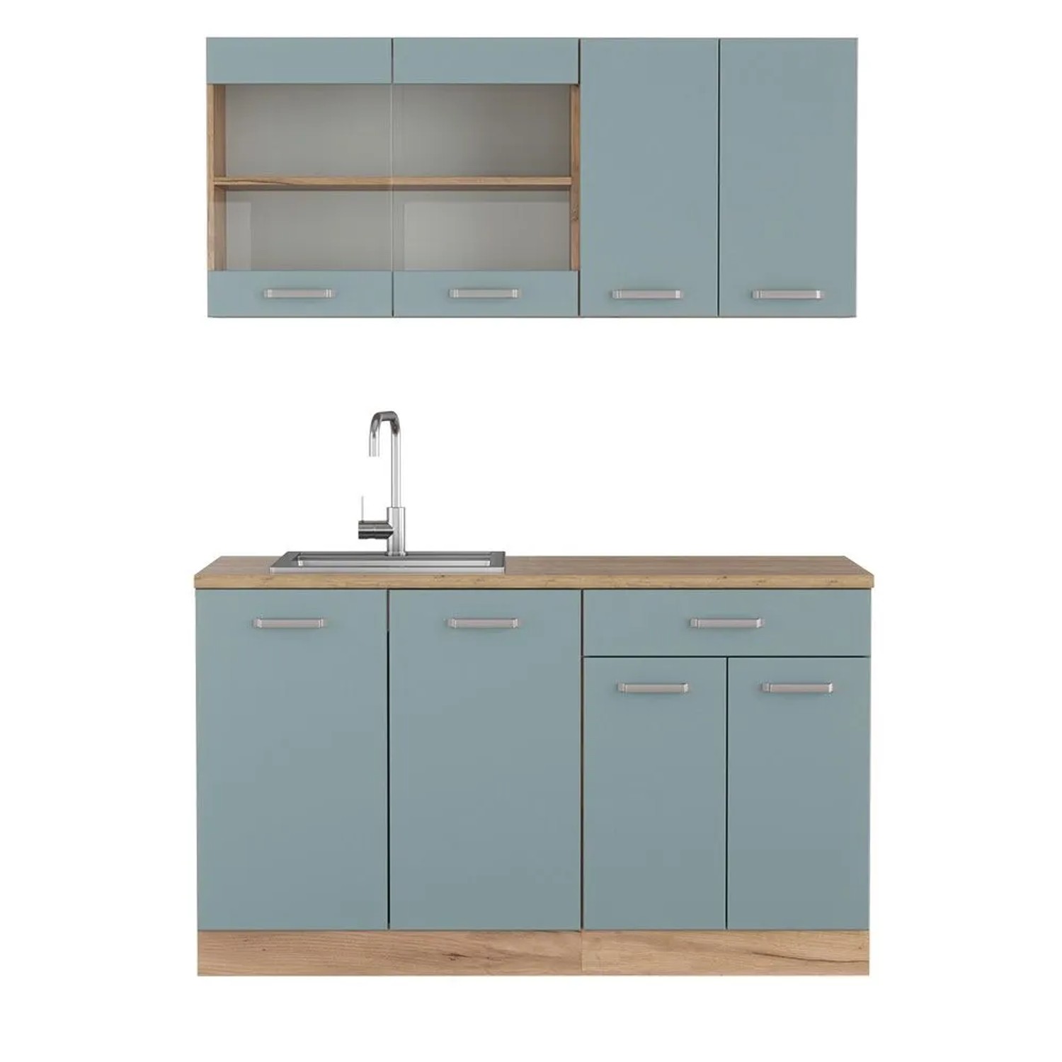 Vicco R-Line Singleküche Blau-Grau Goldkraft Eiche 140 cm AP Eiche ohne E-Geräte