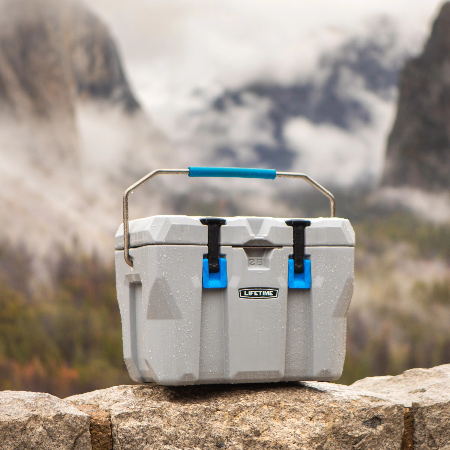 Graue Lifetime Kühlbox Campingbox (26,5 Liter) mit Tragegriff und blauen Akzenten vor Berglandschaft.