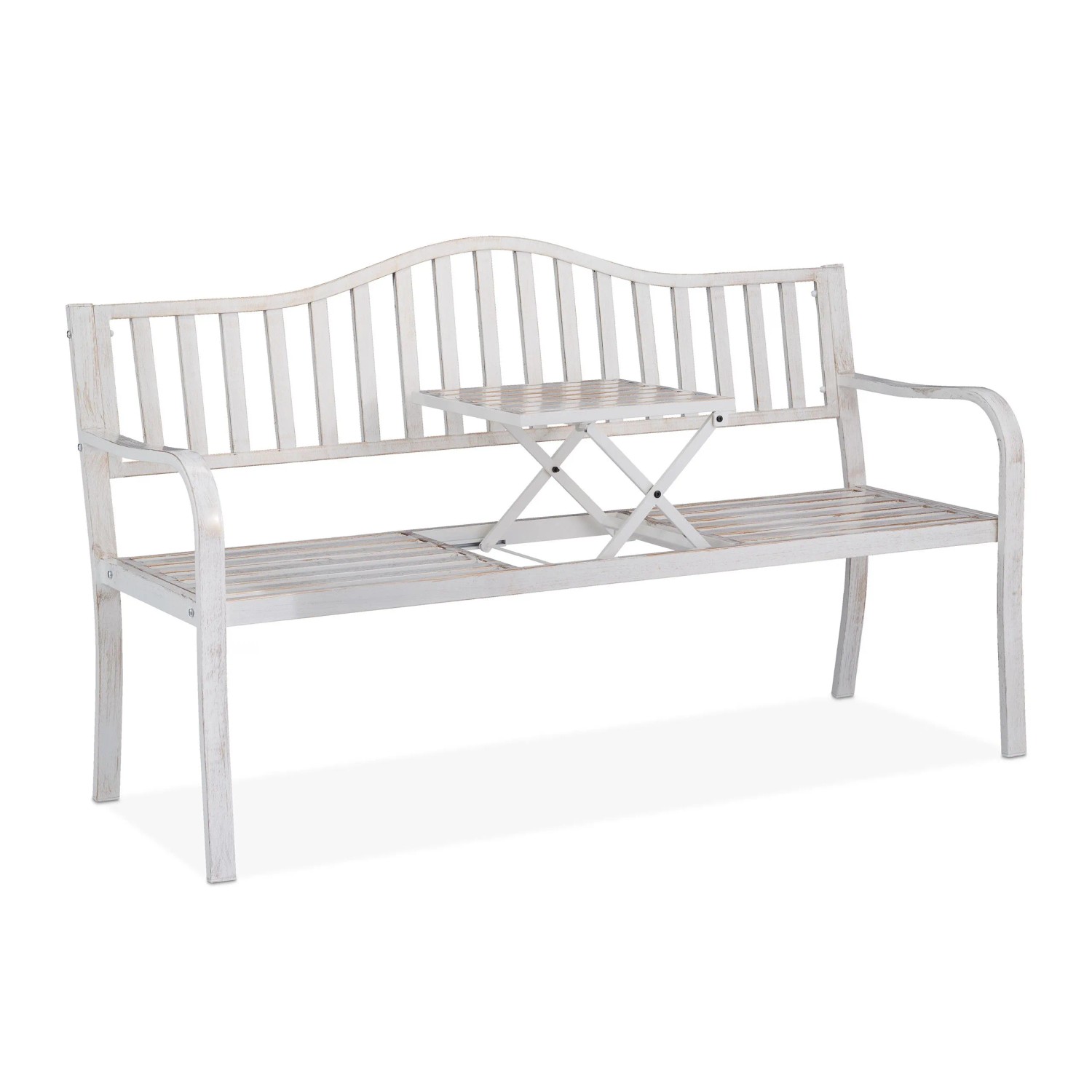 Relaxdays Gartenbank Stahl Weiß-Bronze mit Klapptisch 89 cm x 150 cm x 58,5 cm 17 kg