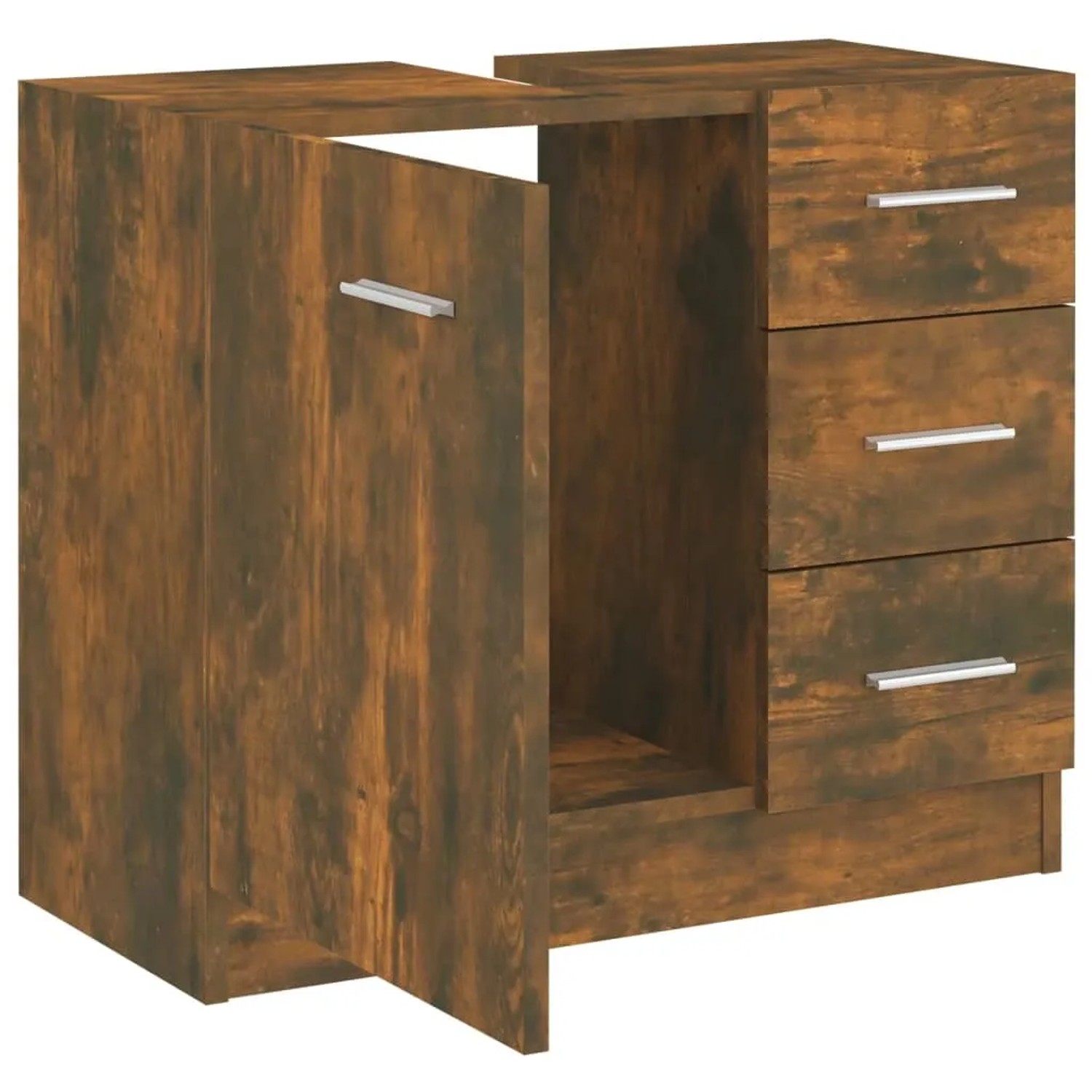 vidaXL Waschbeckenschrank in Räuchereiche mit Tür, Fach und drei Schubladen.