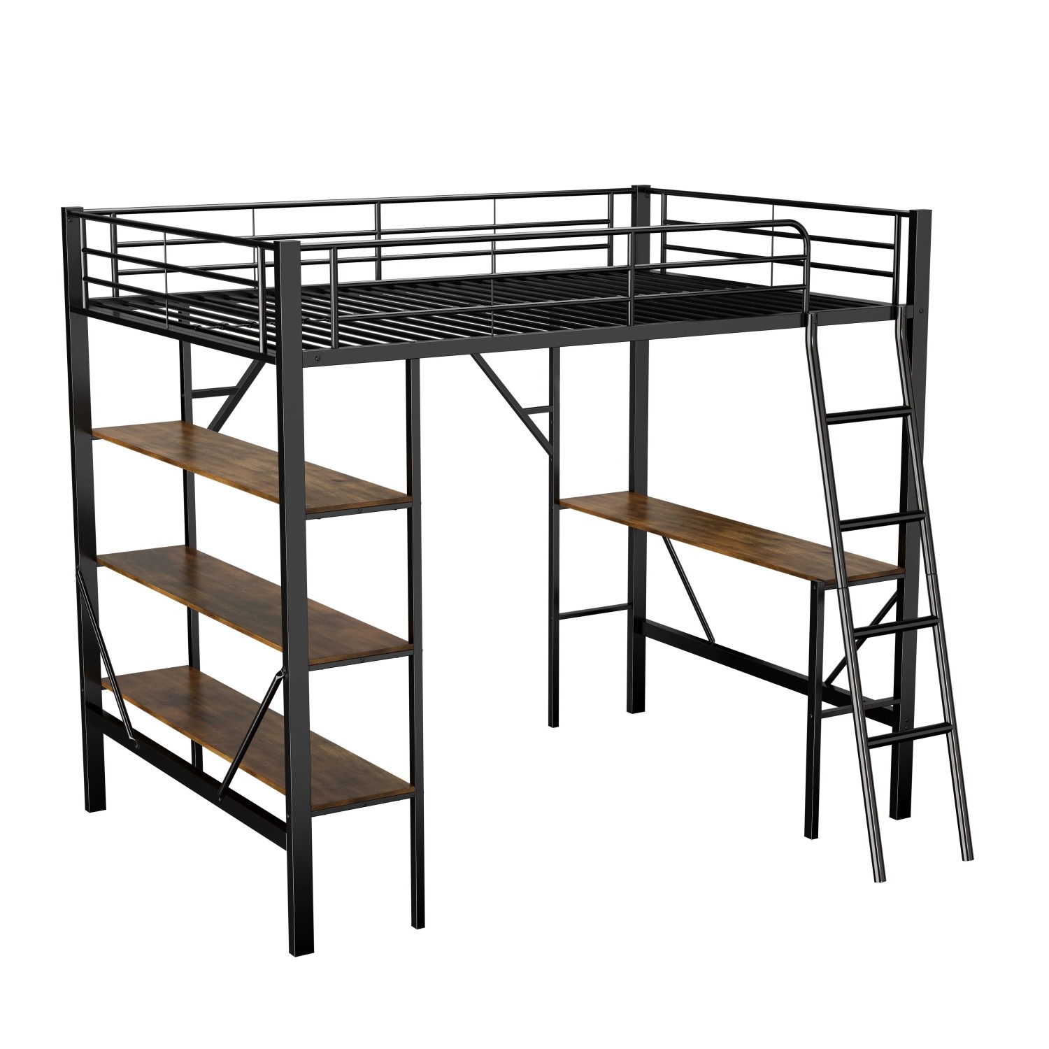 Merax Metall Hochbett 90x200 cm Mit Schreibtisch 3 Ablagen Schwarz