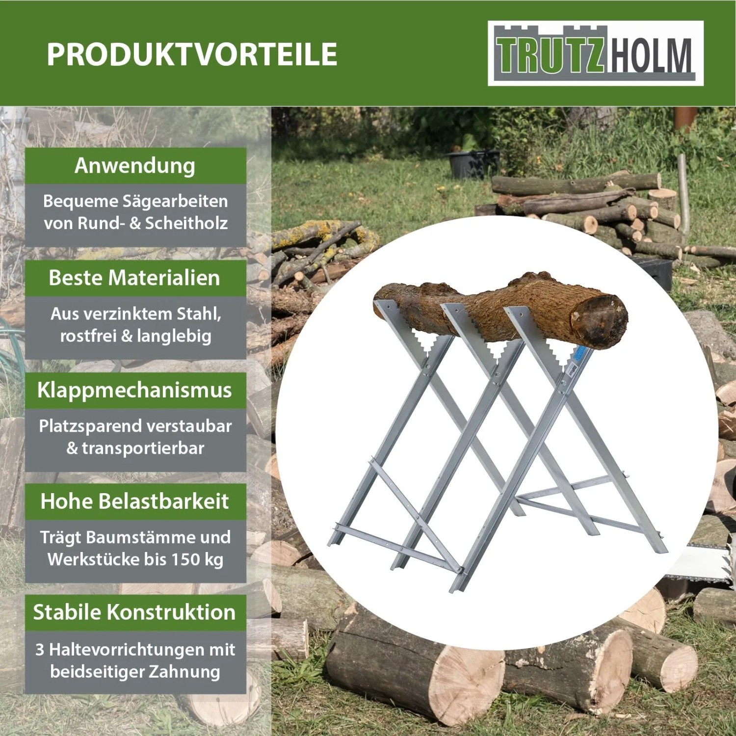TRUTZHOLM Holzsägebock, klappbar, verzinkter Stahl, mit Holzstamm