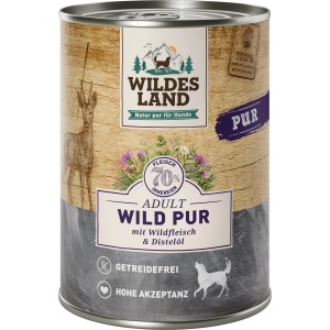 Wildes Land Hunde-Nassfutter Wild Pur, 400g Dose mit Wildfleisch und Distelöl.