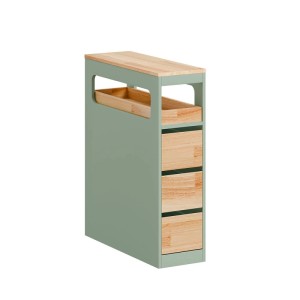 Schmaler grüner Badschrank mit Holzplatte, offenem Fach, herausnehmbarem Tablett und 3 Schubladen auf Rollen.