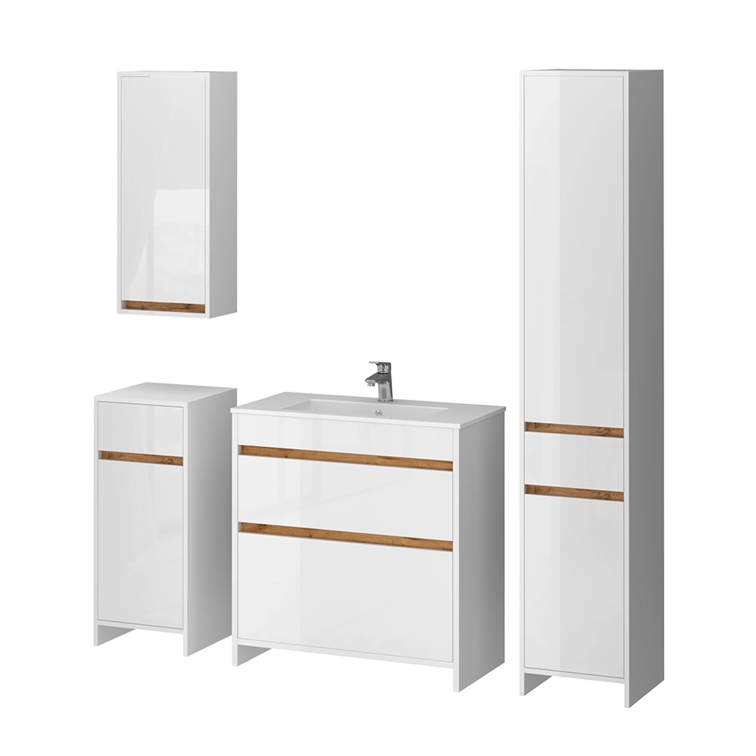 Vicco Badmöbel-Set Detmold Weiß Hochglanz/Goldkraft Eiche 5er-Set günstig online kaufen