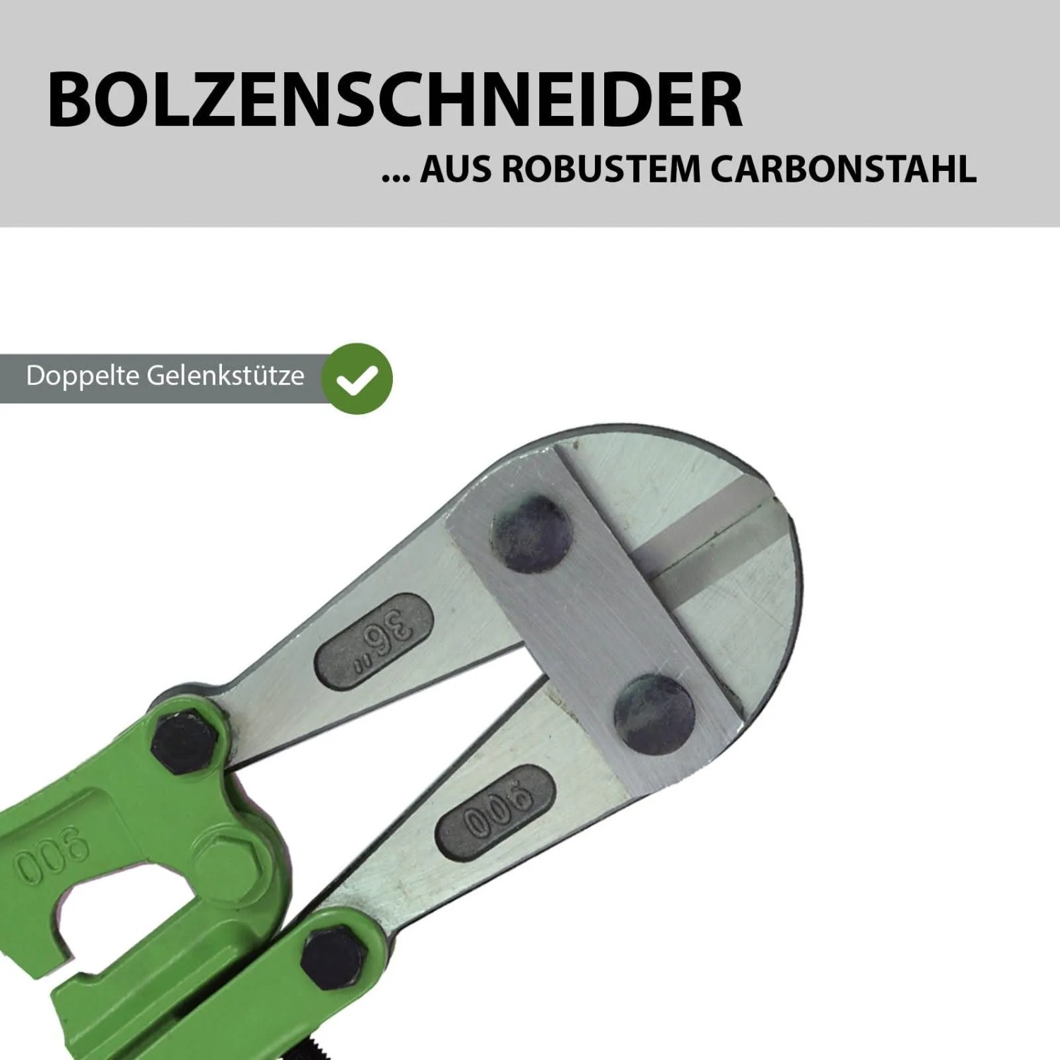 Nahaufnahme: TRUTZHOLM Bolzenschneider 900 mm mit gehärteten Backen.