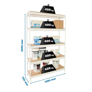 Weißes PROREGAL Schwerlastregal Extrem Wood Yeti Five mit 5 Böden, 300x120x75 cm, Fachlast 400 kg.
