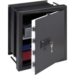 Burg-Wächter Wandtresor WT 616 K, Tresor mit geöffneter Tür und Schlüsseln.