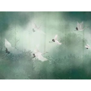 Sanders & Sanders Fototapete mit Kranichen in Grün, 3,6x2,7m. Elegantes Wandbild für Wohnräume.