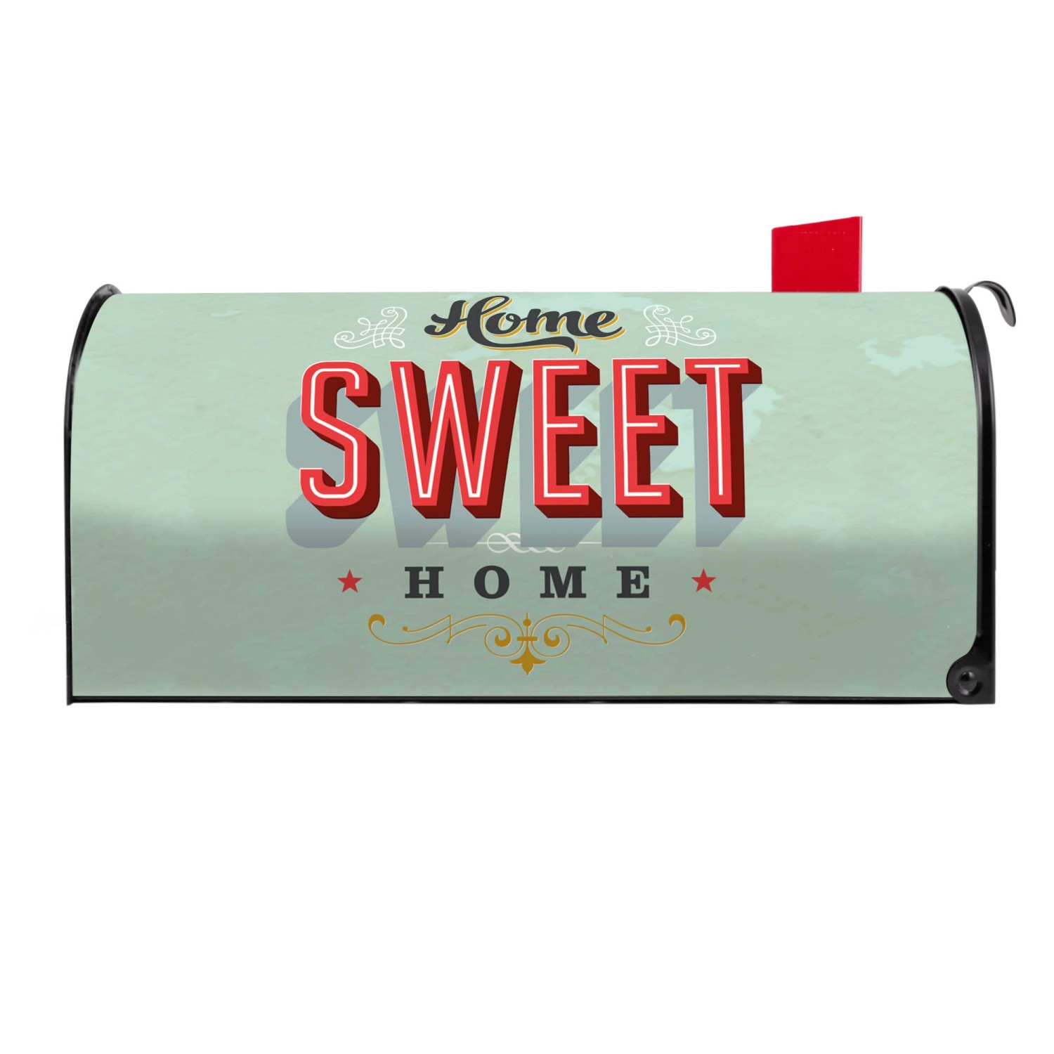 Amerikanischer Briefkasten in Schwarz mit "Home Sweet Home" Motiv und roter Fahne.