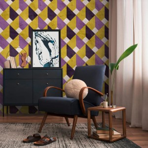 PROFHOME Fototapete Retro in Violett, Gelb und Weiß im Wohnzimmer.