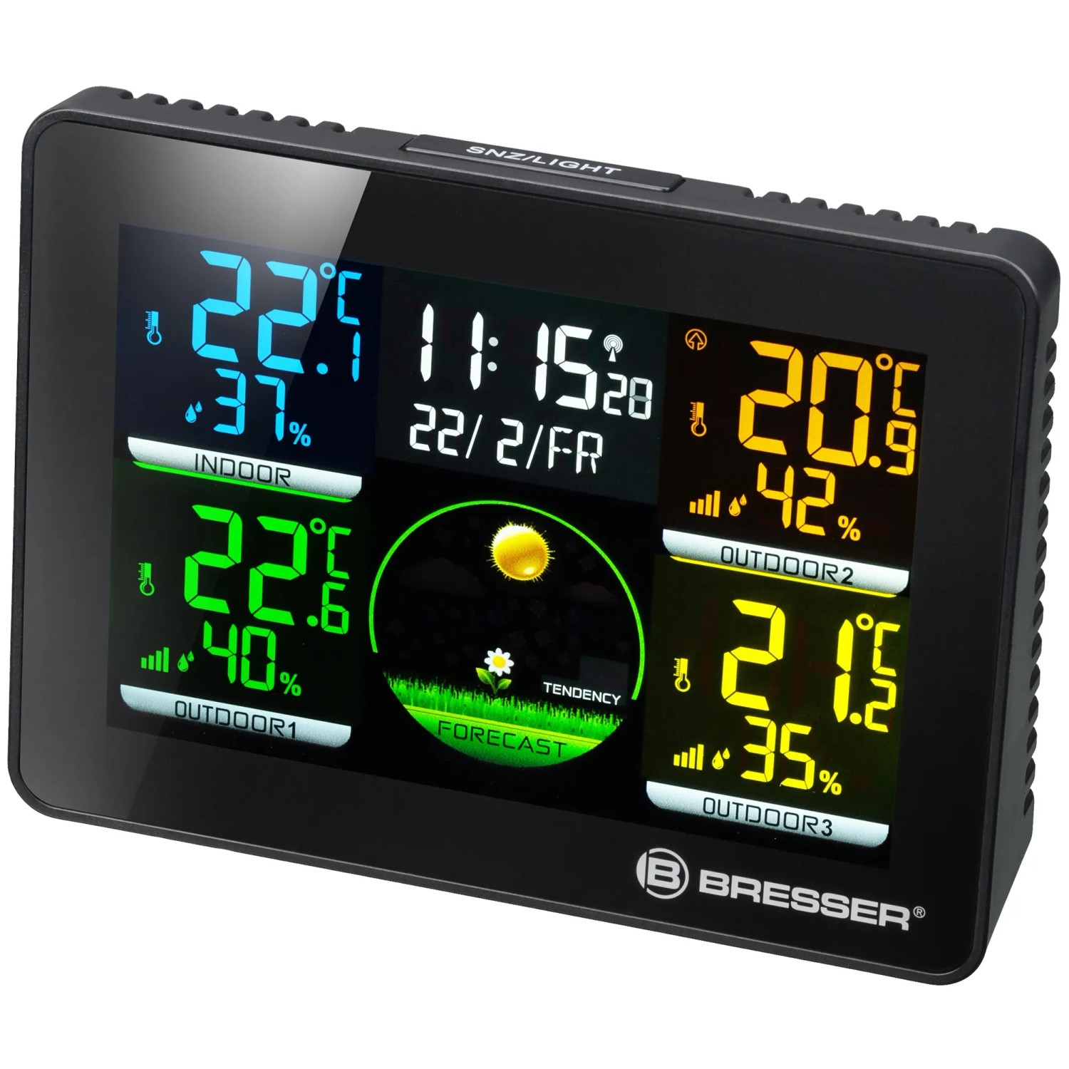 Bresser Thermo-Hygrometer Quadro NLX mit 3 Außensensoren in Schwarz zeigt Innen- und Außentemperatur.