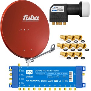 Rote Fuba 80cm SAT Anlage mit Multischalter, Quattro LNB und F-Steckern für UHD/4K Empfang.