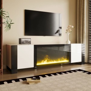 Moderner weiß-schwarzer Hochglanz TV-Schrank mit Elektrokamin und Flammeneffekt. Stilvolles TV-Möbel für Wohnzimmer.