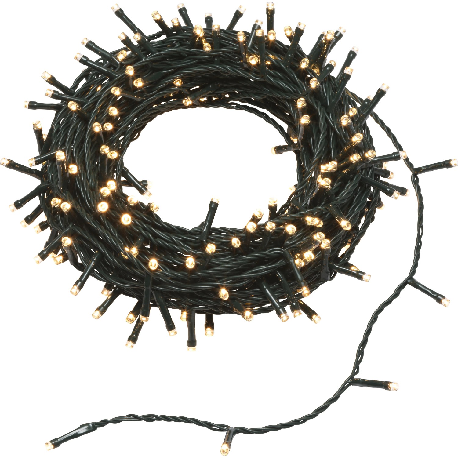 Zweifarbige LED Lichterkette (kalt/warmweiß) mit 240 LEDs, aufgerollt, für Innen- und Außenbereich.