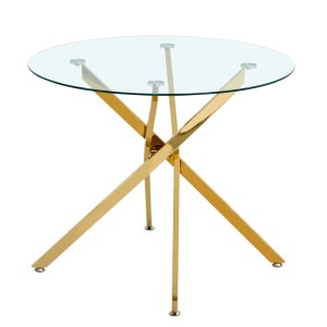Moderner runder Esstisch mit klarer Glasplatte und glänzendem goldenen Metallgestell in Kreuzform für Wohnzimmer.