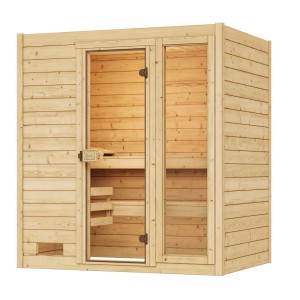 Weka Massivholzsauna Valida 2 Sparset mit Glastür und Fenster, naturbelassenes Fichtenholz.
