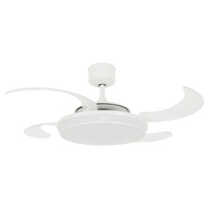 Weißer BEACON Deckenventilator Fanaway EVO 1 mit LED-Beleuchtung und transparenten Acryl-Flügeln.