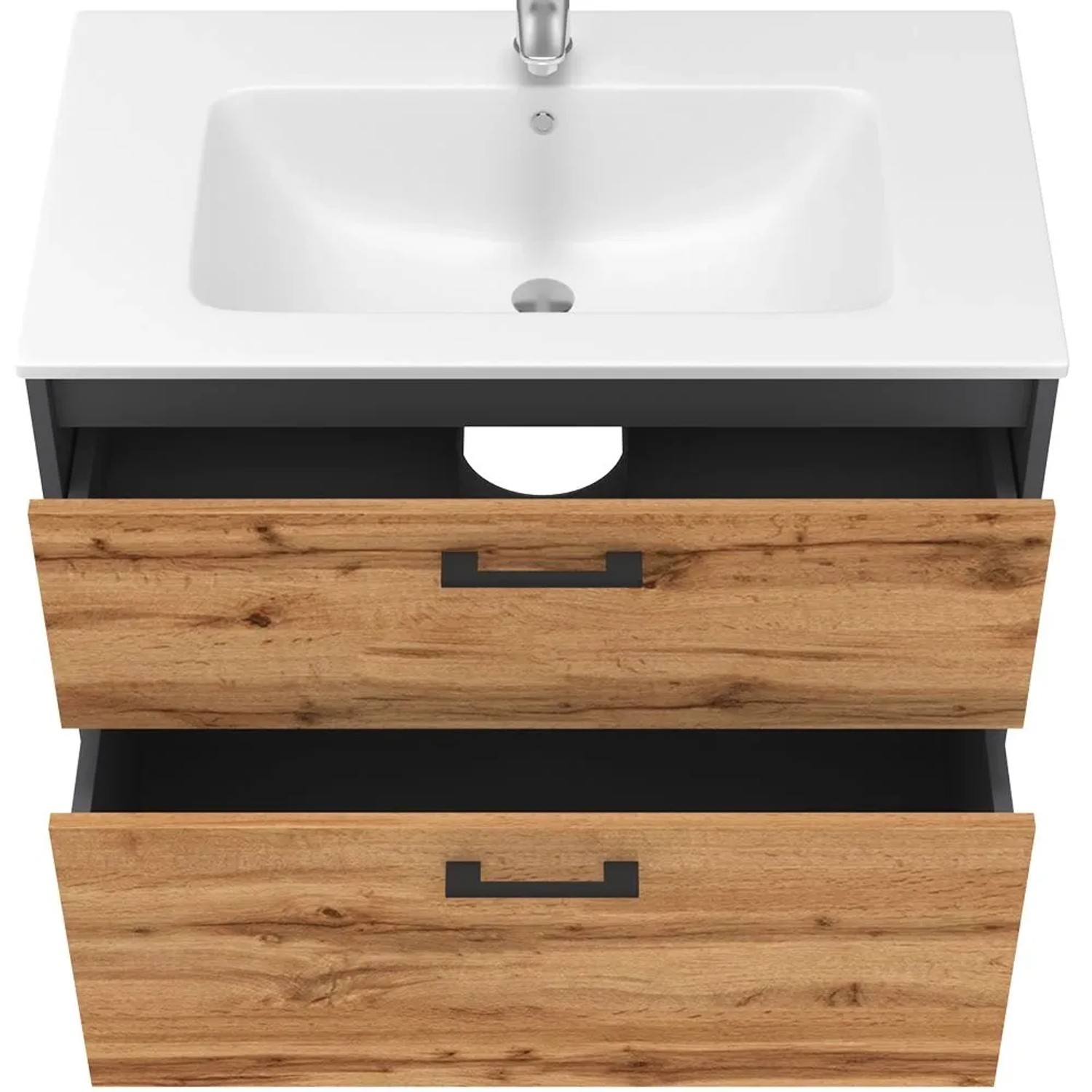 Vicco Badmöbel-Set Lanco in Anthrazit/Goldkraft Eiche mit Waschbecken und zwei Schubladen.