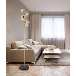 Moderne Globo LED-Stehlampe Riha, 6-flammig, schwarz matt mit amberfarbenen Glaskugeln.