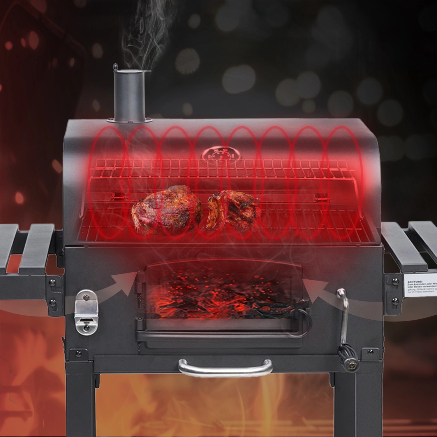 Taino Hero XL Holzkohlegrill mit Garraum, Grillgut und Glut für BBQ und Smoken.