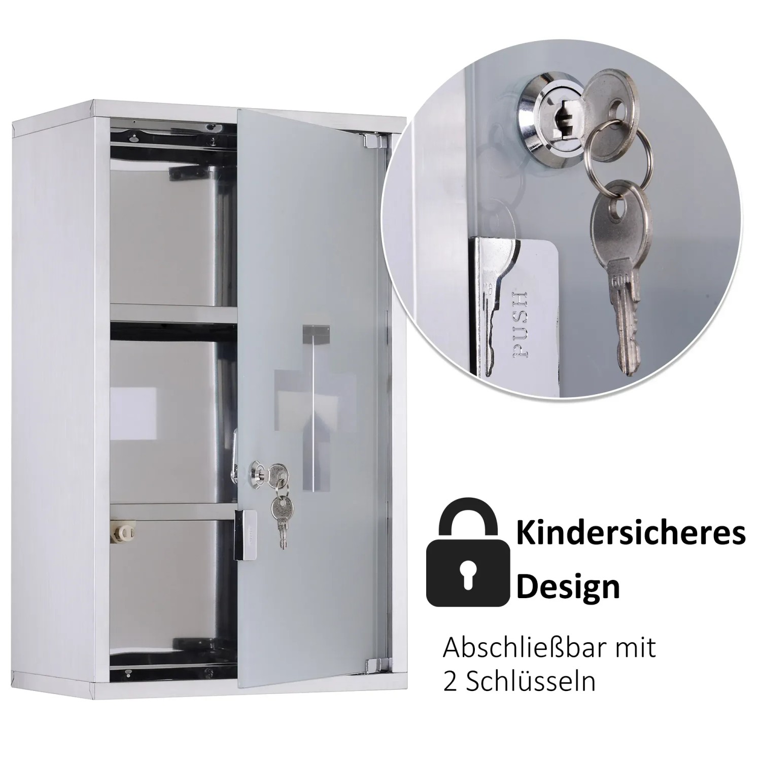 HOMCOM Medizinschrank aus Edelstahl mit Glastür, Schloss und Schlüssel. Arzneischrank für Bad oder Wohnzimmer.