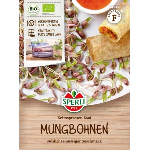 Sperli BIO Keimsprossen Mungbohnen: Sprossen und Verpackung mit Produktinformationen.