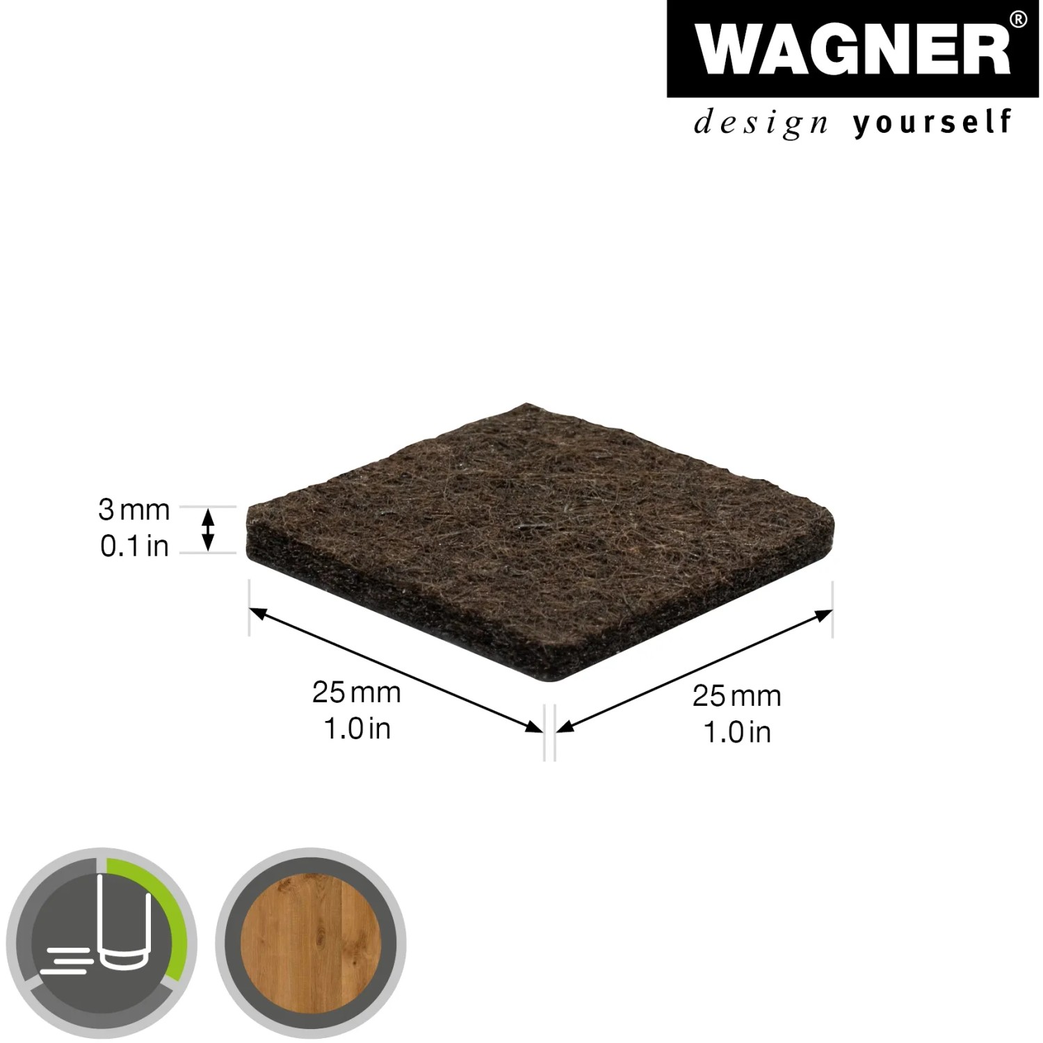 Wagner Filzgleiter, selbstklebend, braun, 25x25mm. Möbelgleiter für Oberflächenschutz.